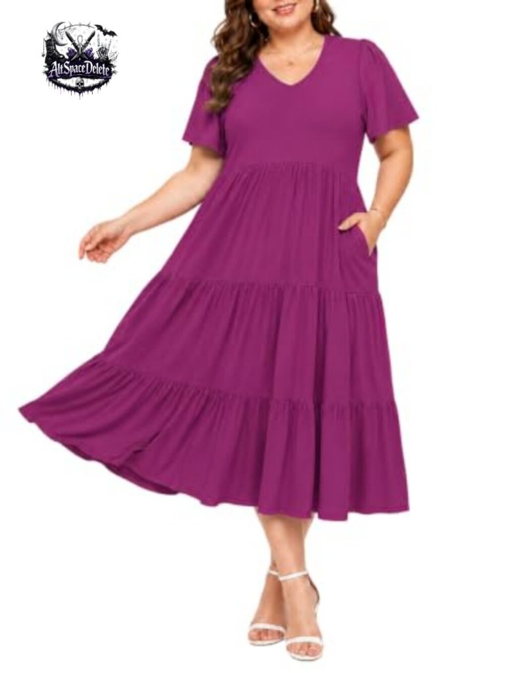 Plus Size Floral Tiered Midi Dress V-Neck Short Sleeve Maxi with Pockets